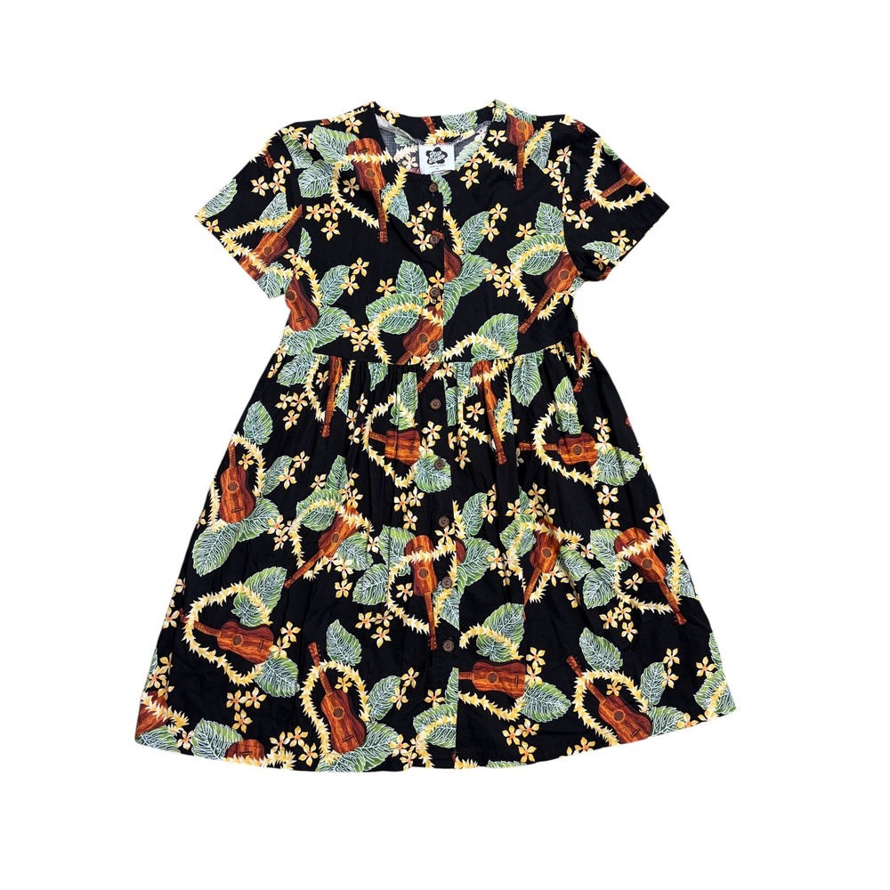 Vintage Hilo Hattie Hawaiian Dress Womens Medium Black Ukulele Tropical Floral
